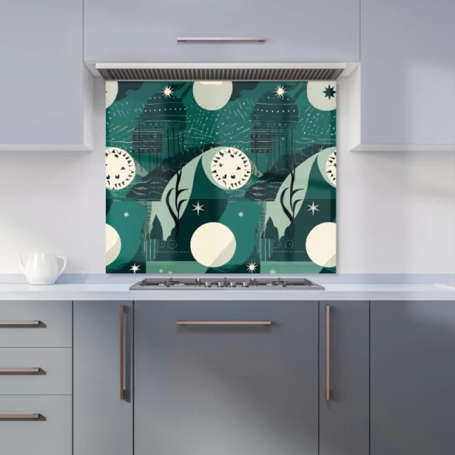 Warren Reed - Designer Abstact Green Cream Moon & Stars Kitchen Splashback Size: 600mm x 750mm Green Unisex 600mm x 750mm