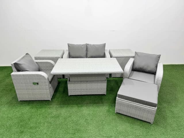 Fimous Light Grey PE Wicker Rattan Garden Furniture Set Sofa Set Reclining Chair Adjustable Lifting Dining or Coffee Table 5 Seater With Footstool 2 S