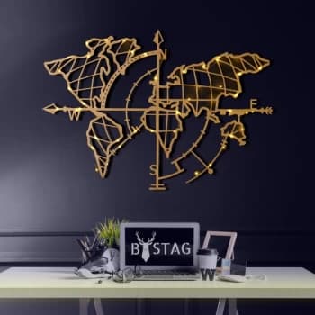 World Map Compass LED - Gold Gold Decorative Metal Wall Accessory