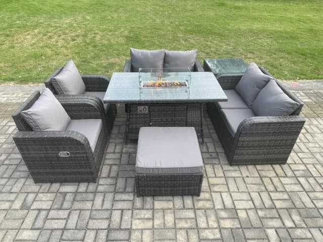 Fimous 7 Seater Rattan Garden Furniture Set Propane Gas Fire Pit Table and Sofa Chair set with Big Footstool Side Table Dark Grey