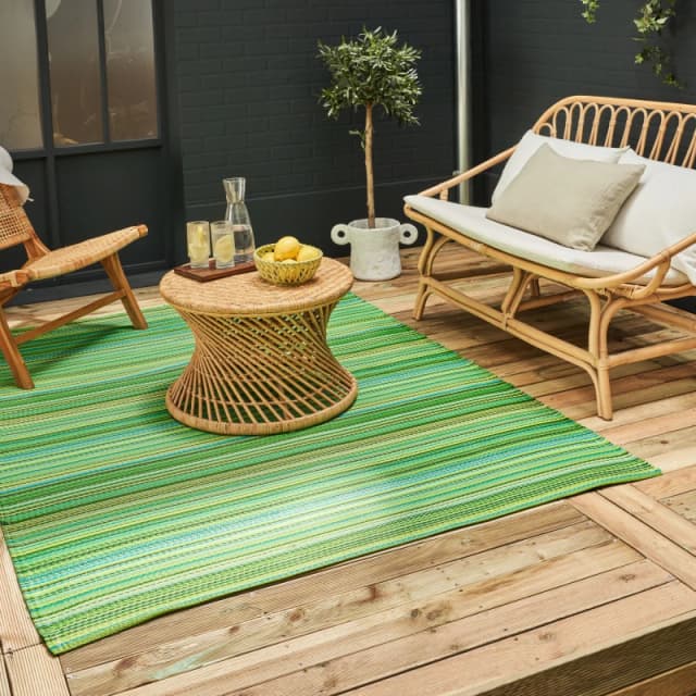THE RUGS Waterproof Plastic Outdoor Rugs for Garden Patio Balcony Camping - Striped - Rainbow 1020 Green Size: 180cm x 270cm Green Unisex 180cm x