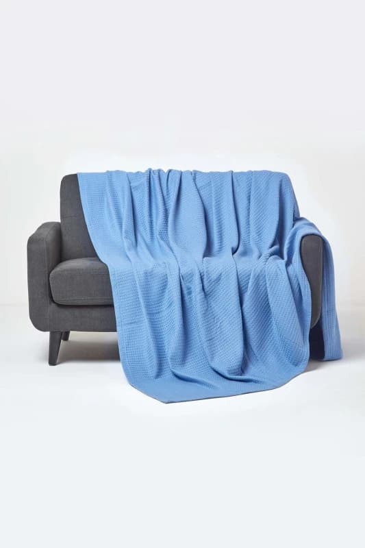 Homescapes Organic Cotton Waffle Blanket/ Throw Blue, 280 X 230 Cm