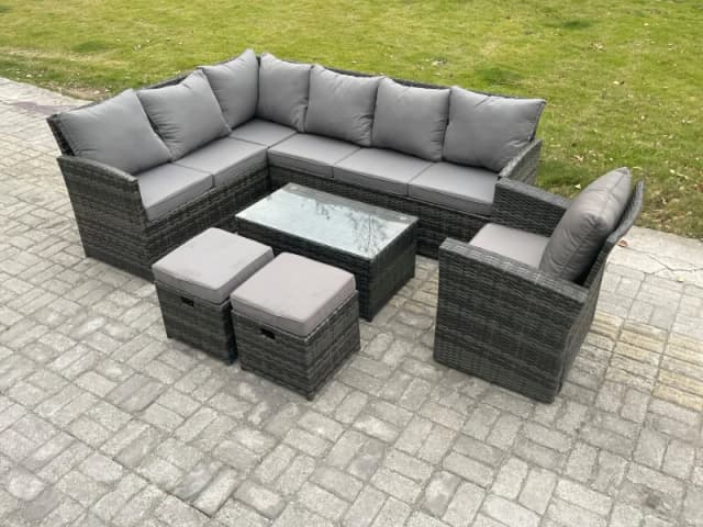 Fimous Rattan Lounge Corner Sofa Set Wicker PE Outdoor Garden Furniture Set with Rectangular Coffee Table 2 Small Footstools in Dark Grey Dark Grey Un