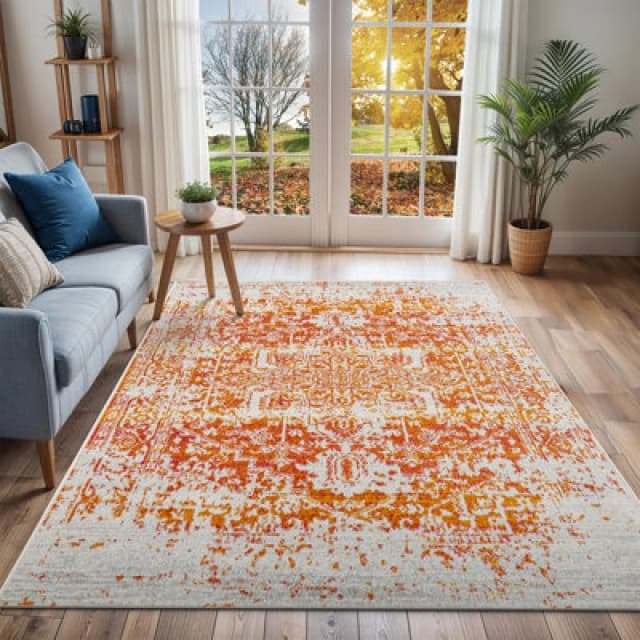 Livabliss Vintage Oriental Boho Orange/white Juliette Area Rug 200 X 275cm - Easy Care, Non Shedding, Ideal For Living Room & Bedroom