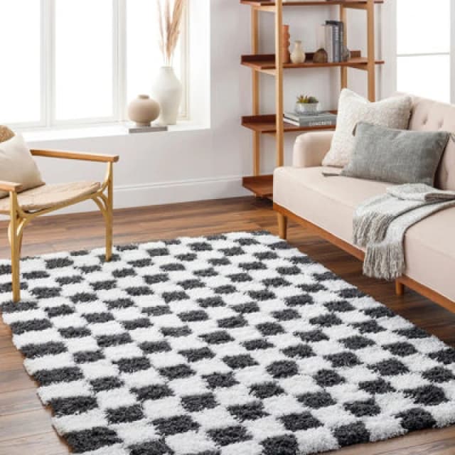 Livabliss Shaggy Modern Plush Pile Black Checkered Willa Area Rug 160 X 220 Cm - Easy Care, Non Shedding, Ideal For Living Room & Bedroom