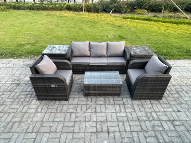 Fimous Outdoor Rattan Garden Furniture Set Patio Lounge Sofa Set with Reclining Chair Rectangular Coffee Table 2 Side Tables Dark Grey