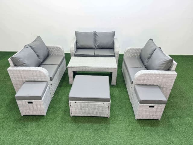 Fimous 9 Seater PE Wicker Rattan Furniture Sofa Sets with Oblong Coffee Table 2 Seater Love Sofa 3 Stool Light Grey Light Grey