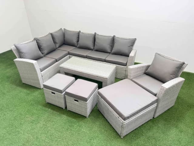 Fimous Outdoor 10 Seater Corner Sofa Sets with Chair 3 Stools Light Grey Light Grey Unisex