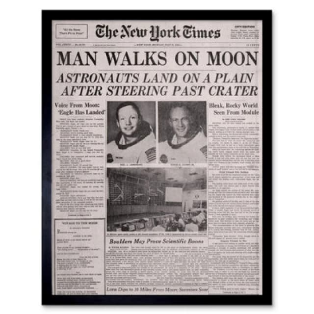 Artery8 Vintage Space Newspaper Moon Aldrin Armstrong 12x16" Framed Art Print in Grey Size: W12" x H16" Grey Unisex W12" x H16"