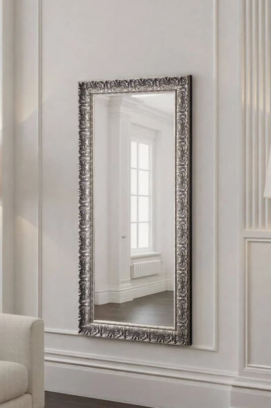 Yearn Mirrors Yearn Mirrors Carved Framed Bevelled Tall Mirror Silver 138x62cm Silver One Size Unisex 0716053062307