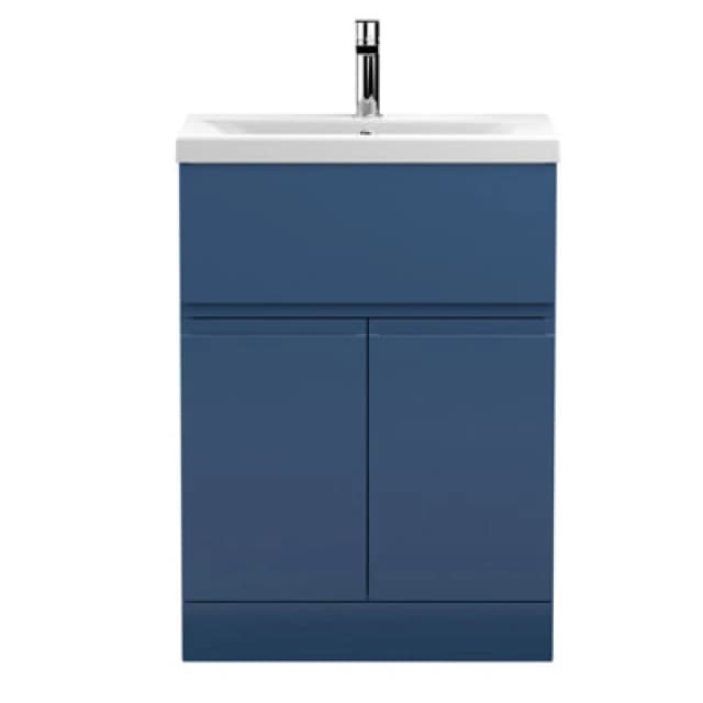 Nuie Hudson Reed Urban Floor Standing 2 Door 1 Drawer Vanity Unit With Mid-Edge Basin, Durable Modern Vanity Unit In Satin Blue, 600mm