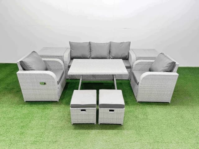 Fimous Reclining Chair 3 Seat Sofa Set Garden Furniture with Dining Table in Light Grey Light Grey Unisex