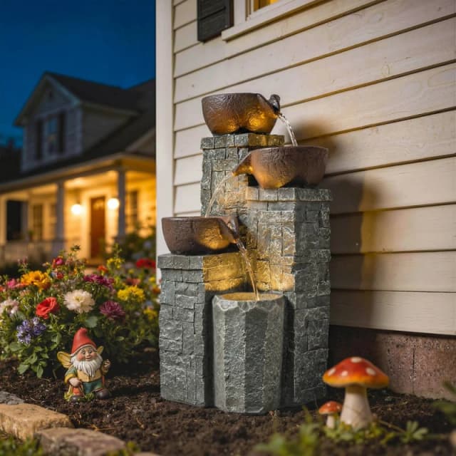 OUTSUNNY 4-Tier Outdoor Fountain with LED Lights, Grey & Rustic Brown Grey Unisex