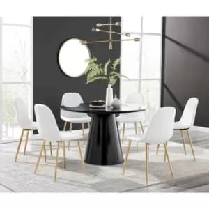 Furniture Box Palma Black Semi Gloss Round Dining Table and 6 White Corona Gold Leg Chairs