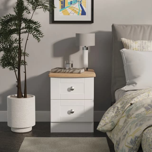 Welcome Furniture Ready Assembled Sussex 2 Drawer Bedside Cabinet In White Ash & Bardolino Oak, White SUS005WABO