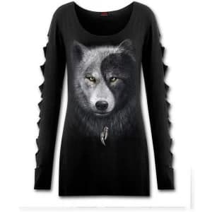 Wolf Chi Slashed Sleeve Boatneck Womens Large Long Sleeve Top - Black