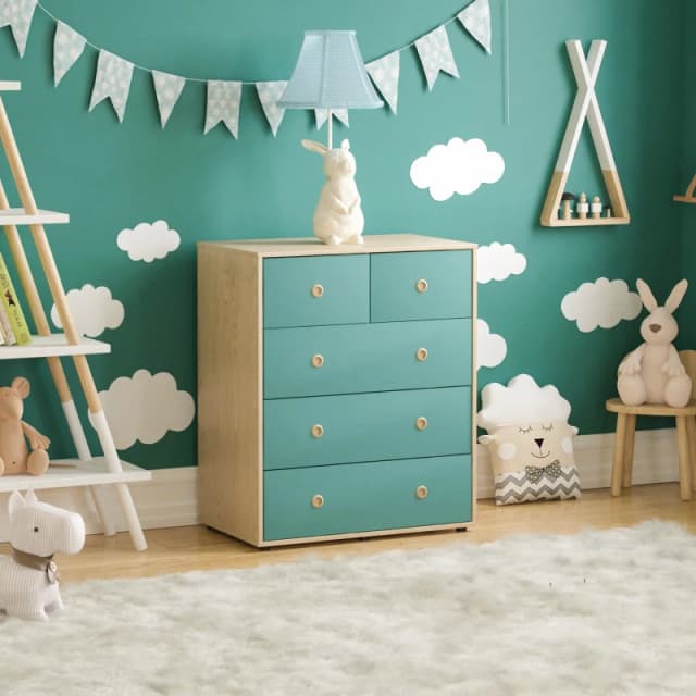 Lassic Junior Vida Neptune 5 Drawer Chest Blue & Oak unisex 5 Drawer