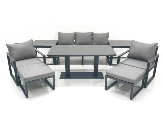Fimous Outdoor Aluminium Garden Furniture Set w/ Adjustable Rising Lifting Dining Table 3 Seater Sofa 2 Chair 2 Big Footstools 2 Side Tables Dark Grey
