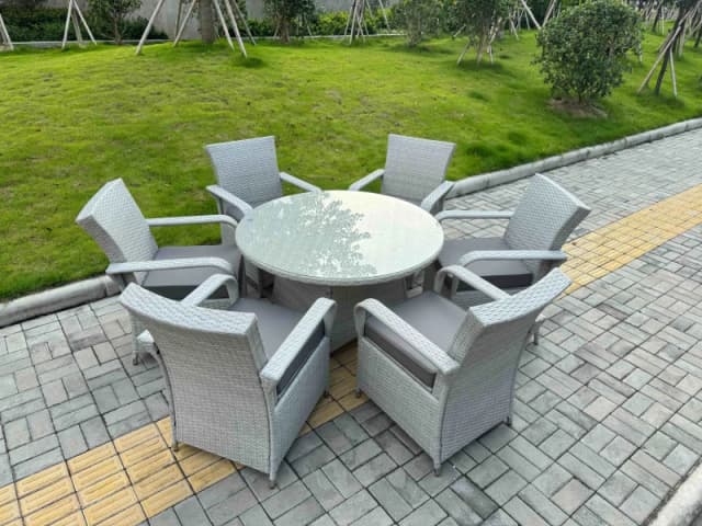 Fimous Rattan Garden Furniture Set 1 Big Round Coffee Table & 6 Seater Chairs in Light Grey Light Grey Unisex