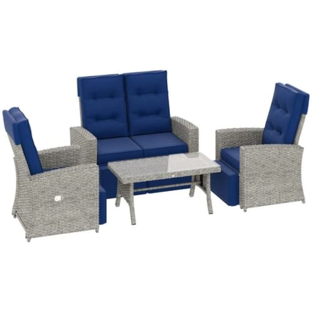 Outsunny 4 Piece Rattan Garden Furniture Set with Sofa, Glass Table, Blue Dark Blue