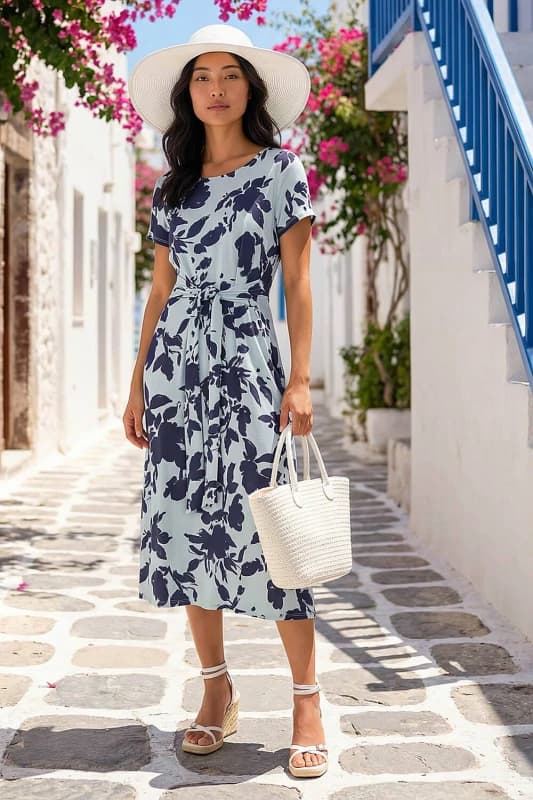 Roman Womens Petite Floral Tie Front Stretch Midi Dress in Blue Size: 10 Blue Female 10