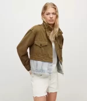 AllSaints Womens Cadie Linen Blend Military Jacket, Khaki Green, Size: 12