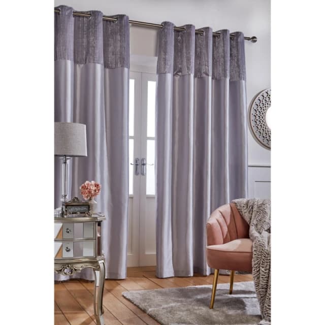 Homelife Striped Metallic Cuff with Faux Silk Eyelet Curtains - Silver Silver 46x54 Inch