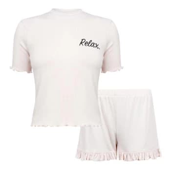 Fabric Waffle Cotton Frilly Shorts Pyjama Set with Relax Slogan - Oat/Cream