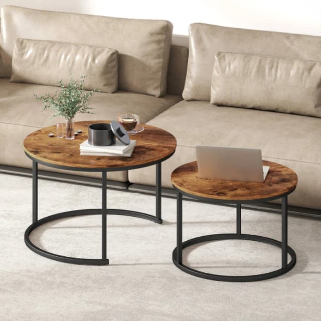 HOMCOM Marble Coffee Table Set of 2, Round Nest of Tables, Rustic Brown Brown Unisex