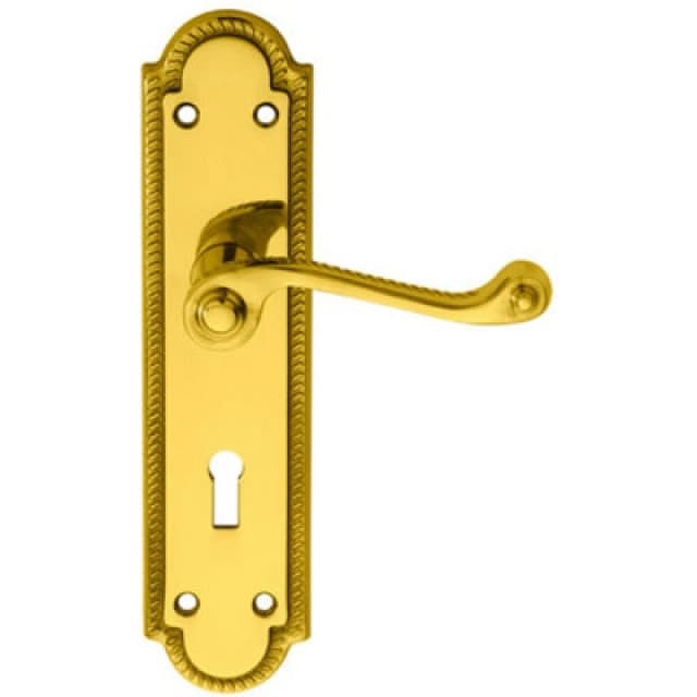 Loops PAIR Reeded Scroll Handle on Shaped Lock Backplate 205 x 49mm Polished Brass Metallics