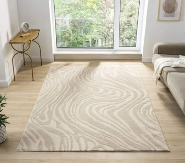 Vellure Modern Indoor Living Room Area Rug Embossed Metallic Sheen Marble Design Cream 120X170 Cm