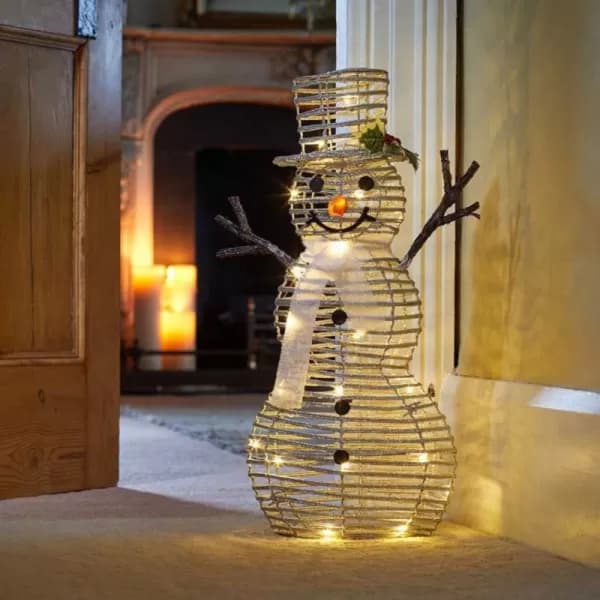62cm Battery Operated Silver Glitter Rattan Christmas Snowman Decoration with Warm White LEDs