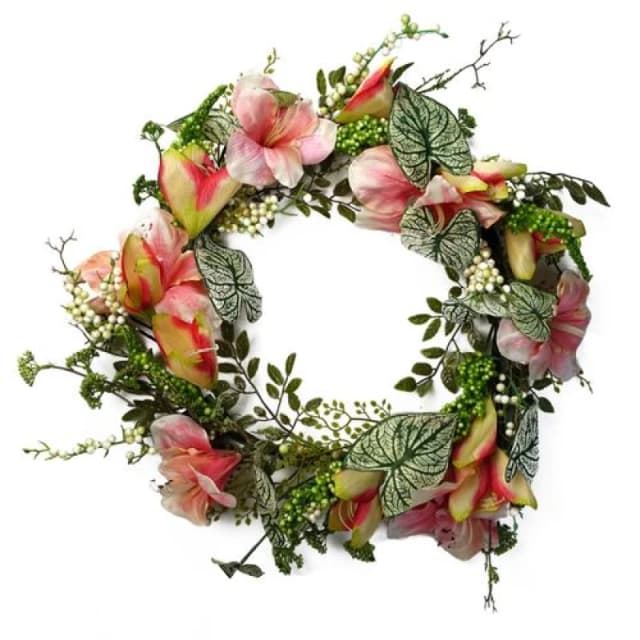 Leaf 60cm Artificial Pink Lily Wreath