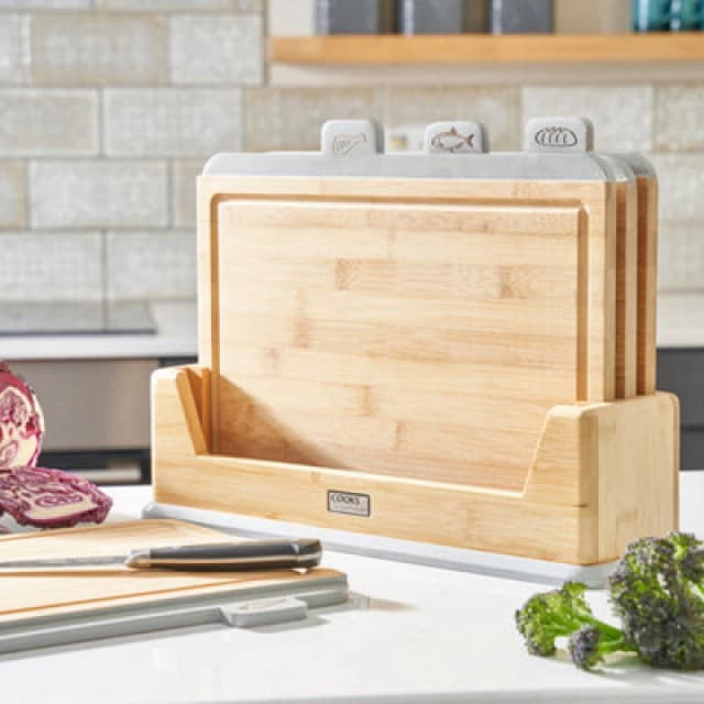 Cooks Professional Set Of 4 Index Bamboo Chopping Boards With Stand & Tabs - Wooden Food Prep Cutting Blocks - Grey
