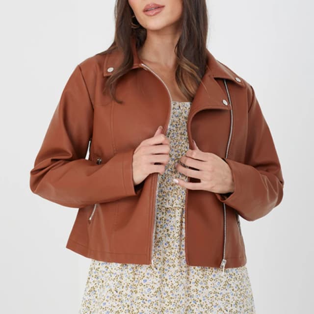 Brave Soul BS Womens Faux Leather Tan Biker Jacket Tan female 8 (XS)