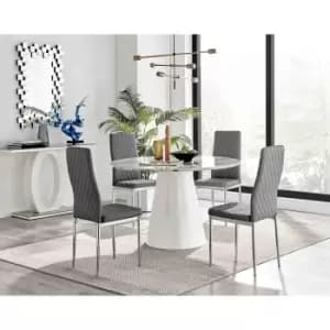 Furniture Box Palma White Marble Effect Round Dining Table and 4 Grey Milan Chrome Leg Chairs