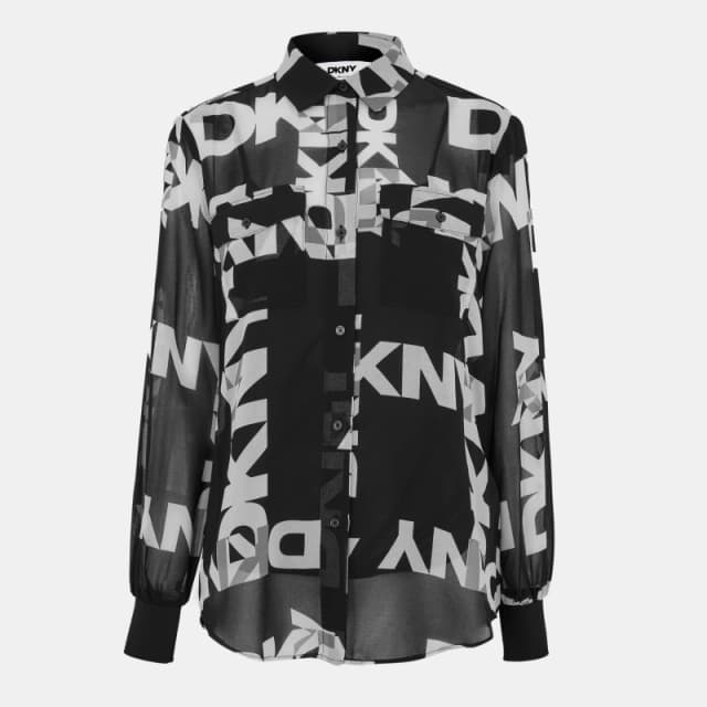 DKNY Womens Long Sleeve Patterned Shirt Black/Ivory female 8 (XS)