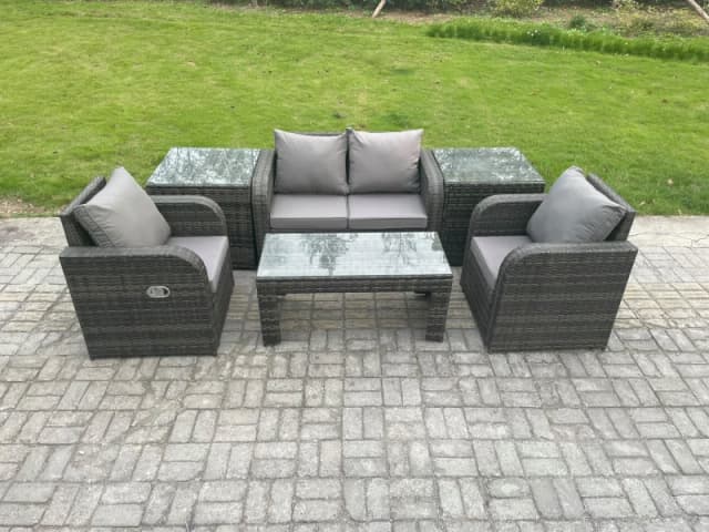 Fimous Rattan Lounge Sofa Set Outdoor Garden Furniture Set with Rectangular Coffee Table Love Sofa 2 Side Tables Dark Grey