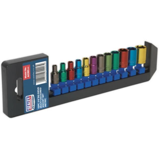 Loops 12 PACK Multi Colour Socket Set 1/4" Metric Square Drive - 6 Pt WallDrive Torque Multi
