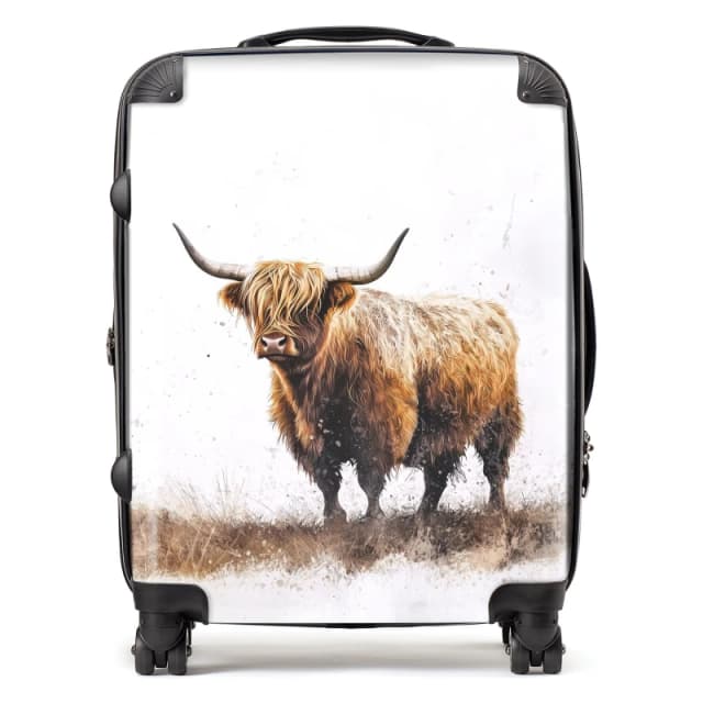Warren Reed - Designer Highland Cow Watercolour Suitcase in Brown Size: Large Brown Unisex Large