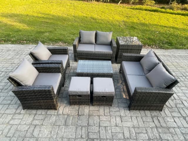Fimous Garden Furniture Sets 8 Pieces Outdoor Rattan Furniture Manual Wicker Patio Sofa Chair Set with Coffee Table Side Table in Dark Grey Dark Grey