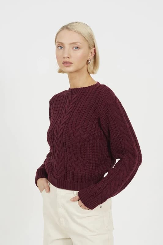 Brave Soul Womens Classic Crew Neck Cable Knit Jumper Aubergine female 14 (L)