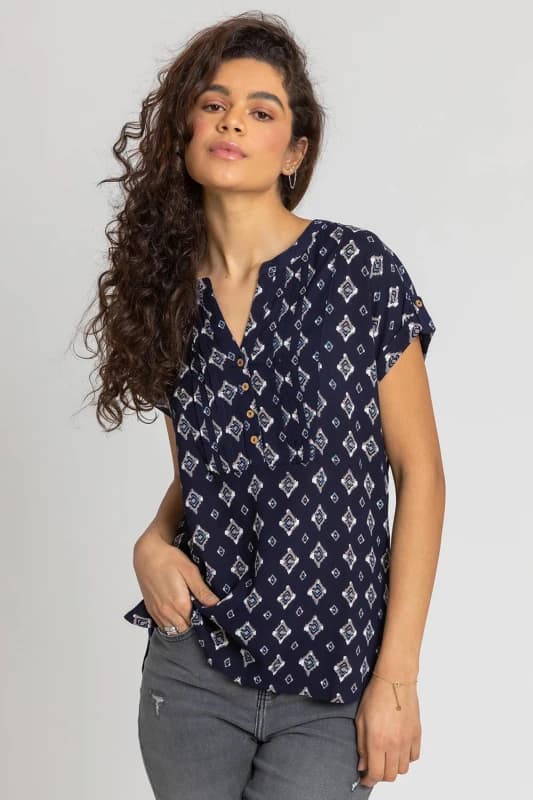 Roman Womens Aztec Print Button V-Neck Detail Top in Navy Size: 14 Navy Female 14