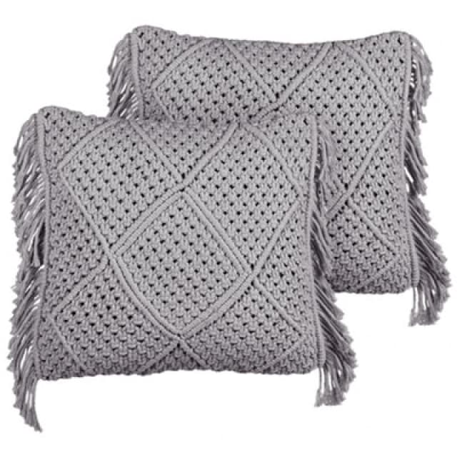 Beliani Set Of 2 Decorative Cushions Besham Cotton 45 X 45cm Grey Geometric Pattern