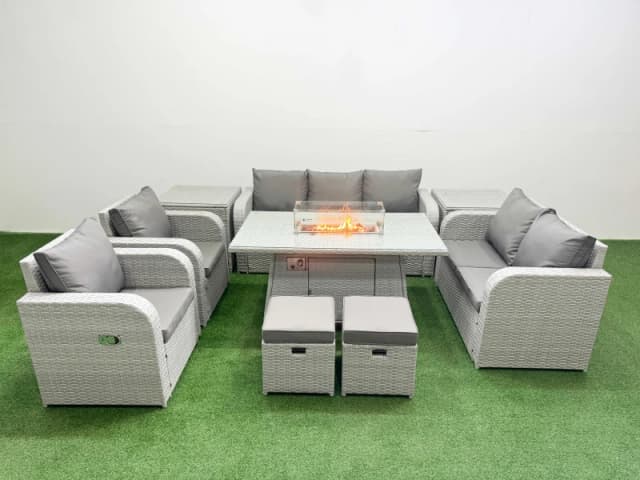 Fimous PE Rattan Garden Furniture Set Reclining Chair Sofa Double Love Seat 2 Seater Sofa Lounge Set Firepit Dining Table 2 Stools 2 Side Table Light