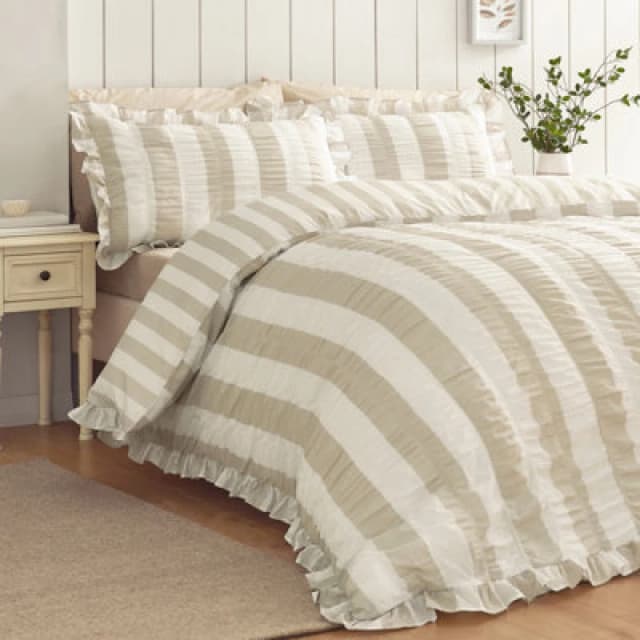 Catherine Lansfield Seersucker Frill Stripe Duvet Cover Bedding Set Natural