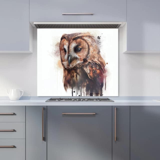 Warren Reed - Designer Tawny Owl Face Splashart Light Background Kitchen Splashback in Brown Size: 600mm x 750mm Brown Unisex 600mm x 750mm