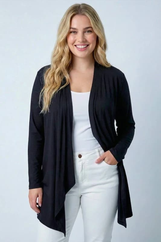 Roman Curve Waterfall Front Jersey Cardigan Black
