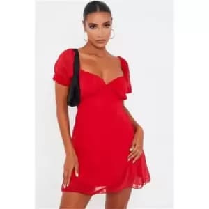 I Saw It First Red Short Puff Sleeve Dobby Mesh Skater Dress - Red