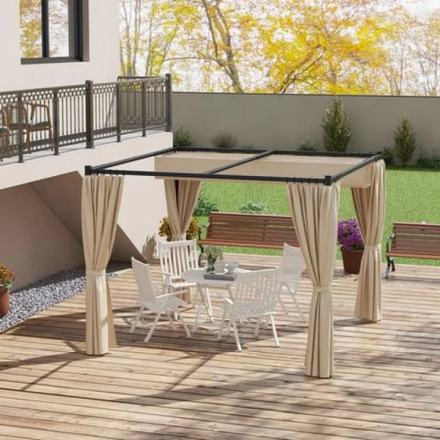 Outsunny 3x3m Retractable Pergola Canopy w/ Curtains - Beige, Cream 84C-441V00BG